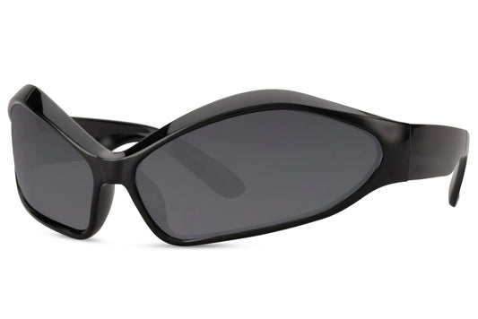 Alien hurtigbriller med brede sorte glas og sort stel set fra siden