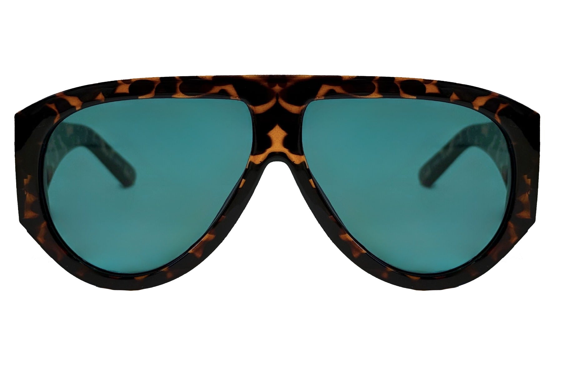 Blå og leopard hurtigbrille med store runde glas og tyk stel set fra fronten