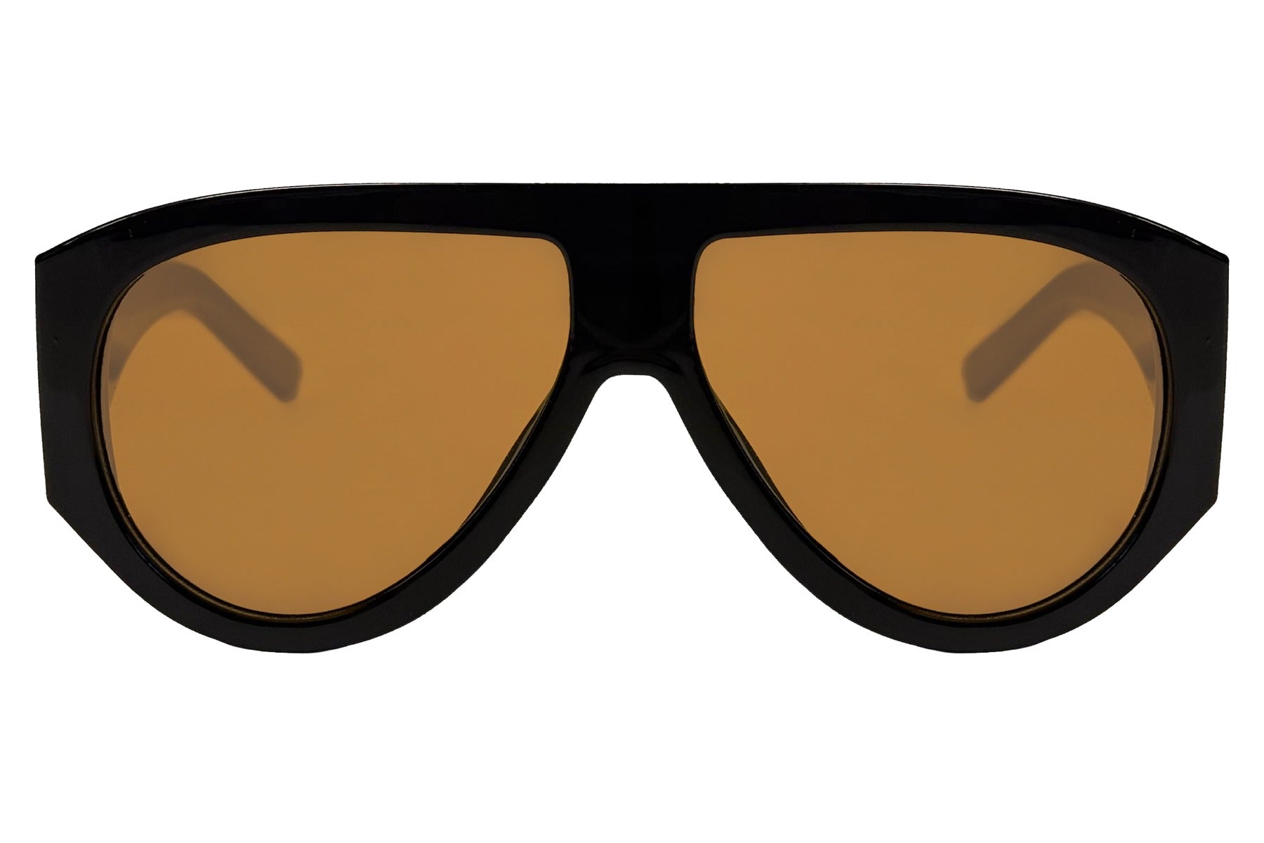 Brun og sort hurtigbrille med store runde glas og tyk stel set fra fronten