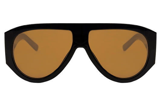 Brun og sort hurtigbrille med store runde glas og tyk stel set fra fronten