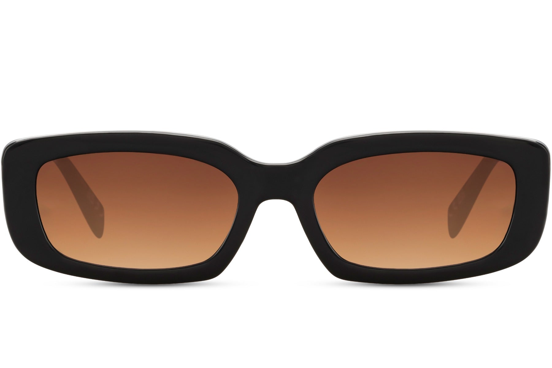 Hurtigbriller med brune glas og rektangulært sort stel set fra fronten