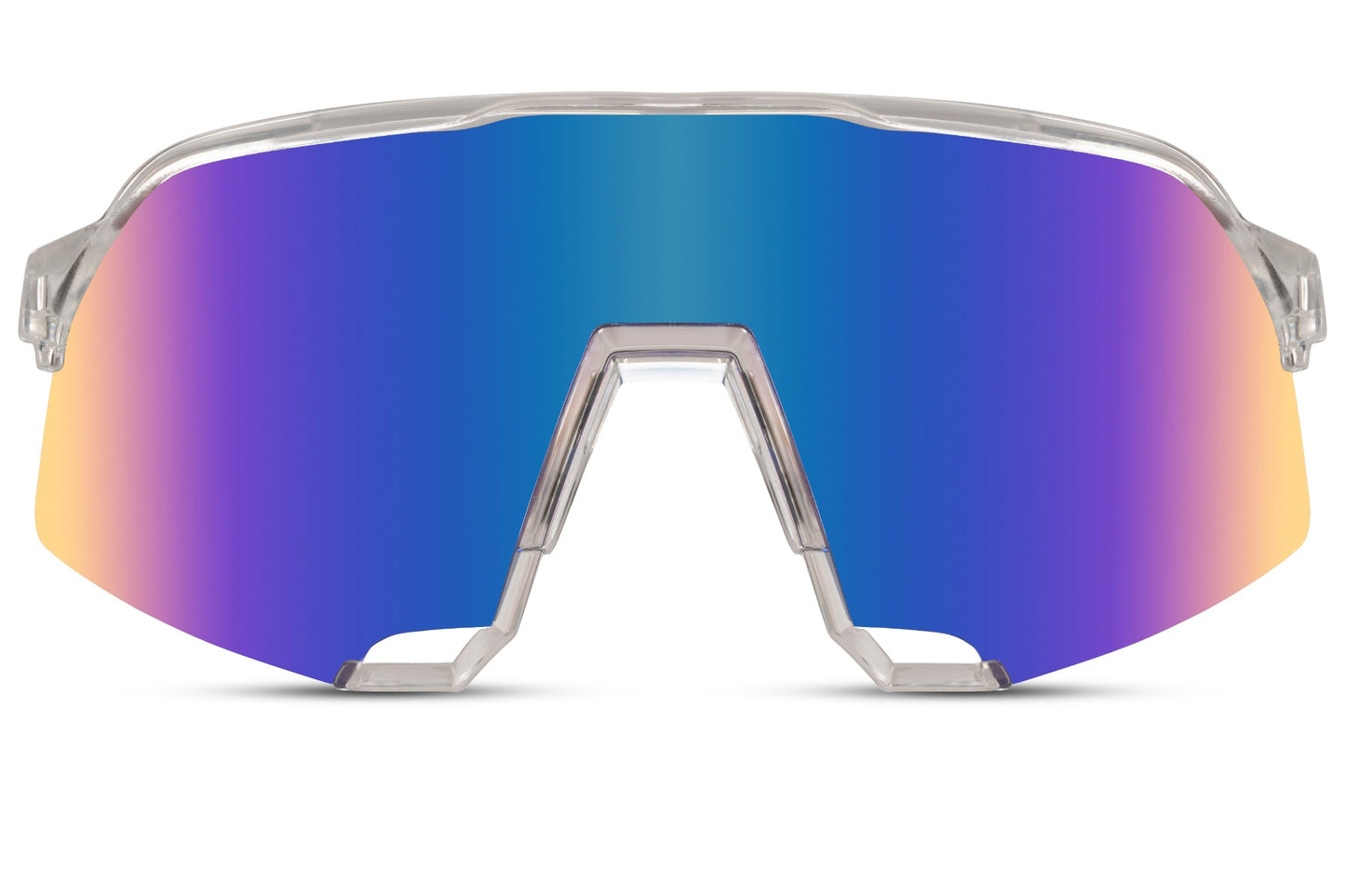 Cool cykelbriller med store glas i blå gradient og gennemsigtig stel set fra fronten