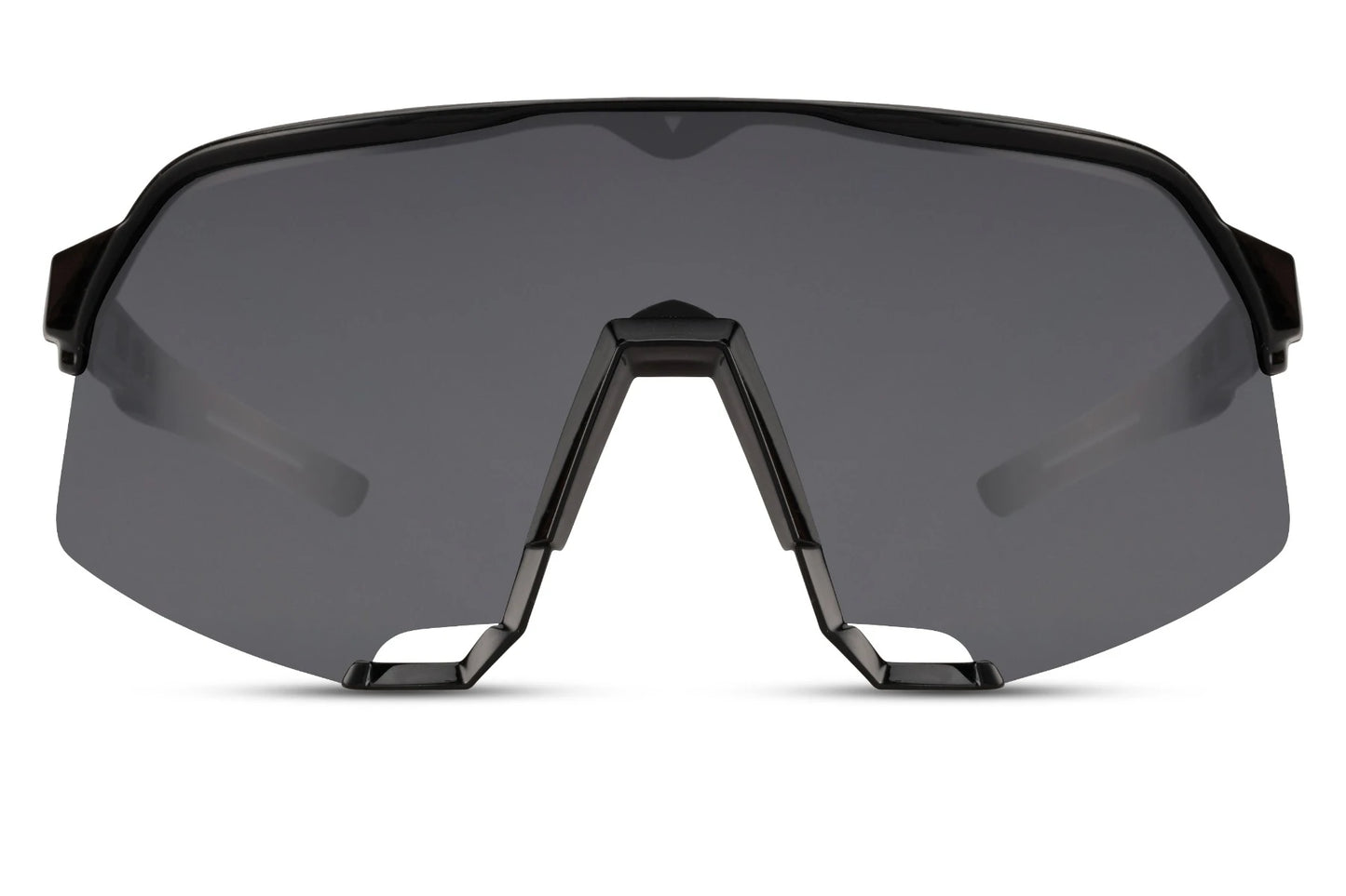 Cool cykelbriller med store glas i sort glas og sort stel set fra fronten