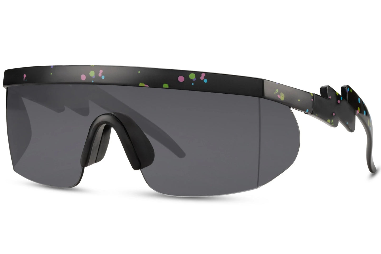 Hurtige cykel- eller løbebriller med sorte glas og lynformede stænger set fra siden