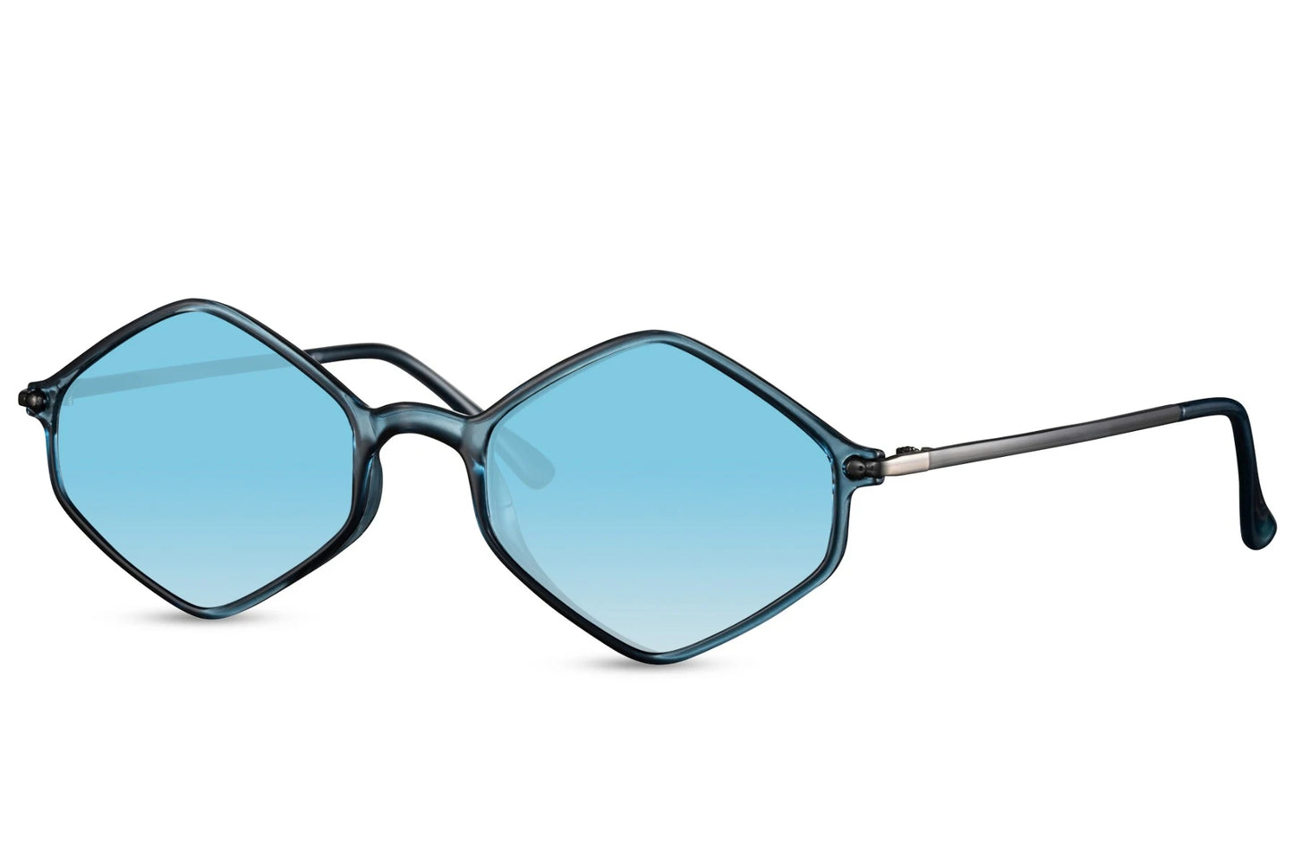Diamantformet solbriller i blå set fra siden