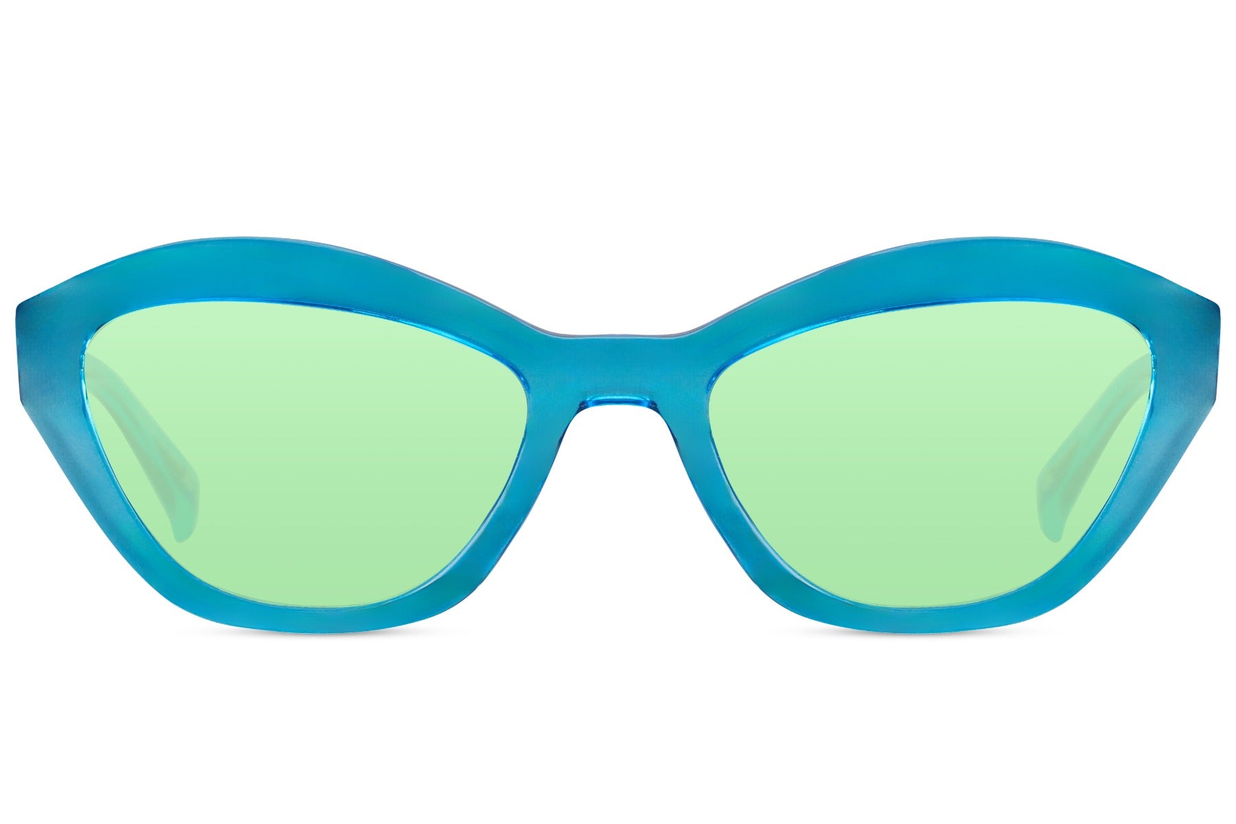 Farvede solbriller i cateye design grøn og blå set fra fronten