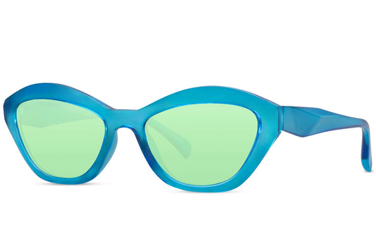 Farvede solbriller i cateye design grøn og blå set fra siden