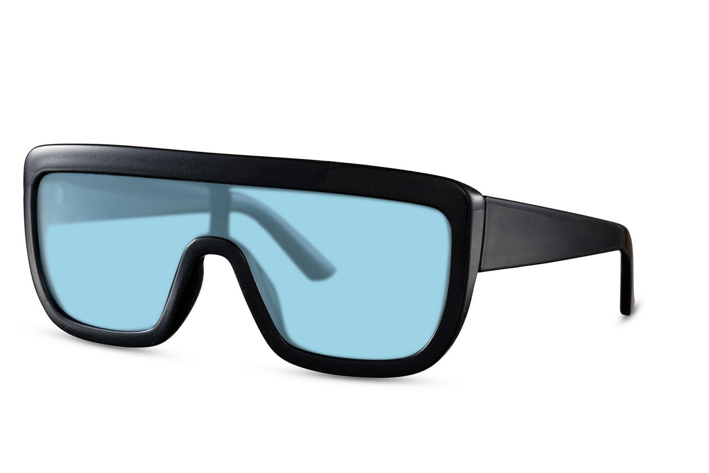 Festlige hurtigbriller med sort stel og enkelt glas set fra siden