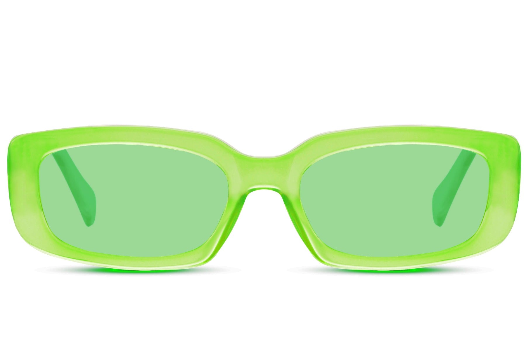 Gennemsigtige hurtigbriller i grønne glas og gult stel set fra fronten