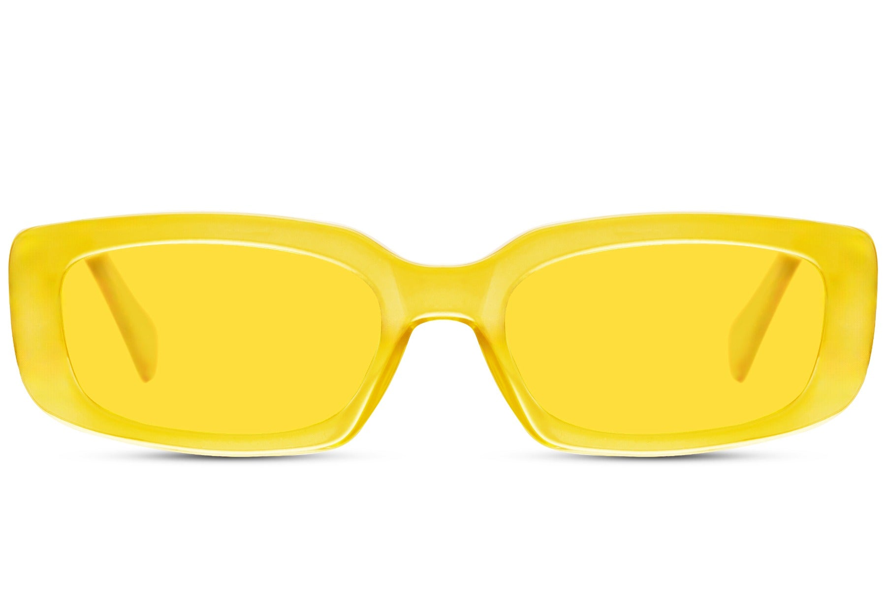 Gennemsigtige hurtigbriller i gule glas og gult stel set fra fronten