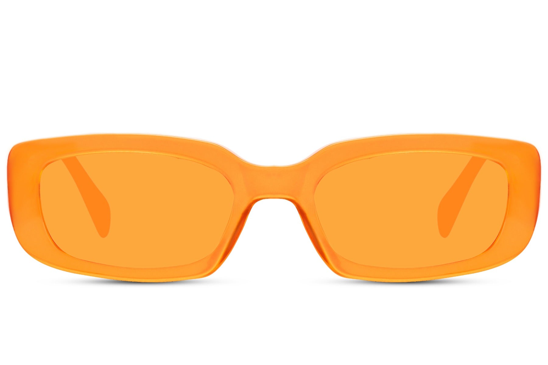 Gennemsigtige hurtigbriller i orange glas og orange stel set fra fronten