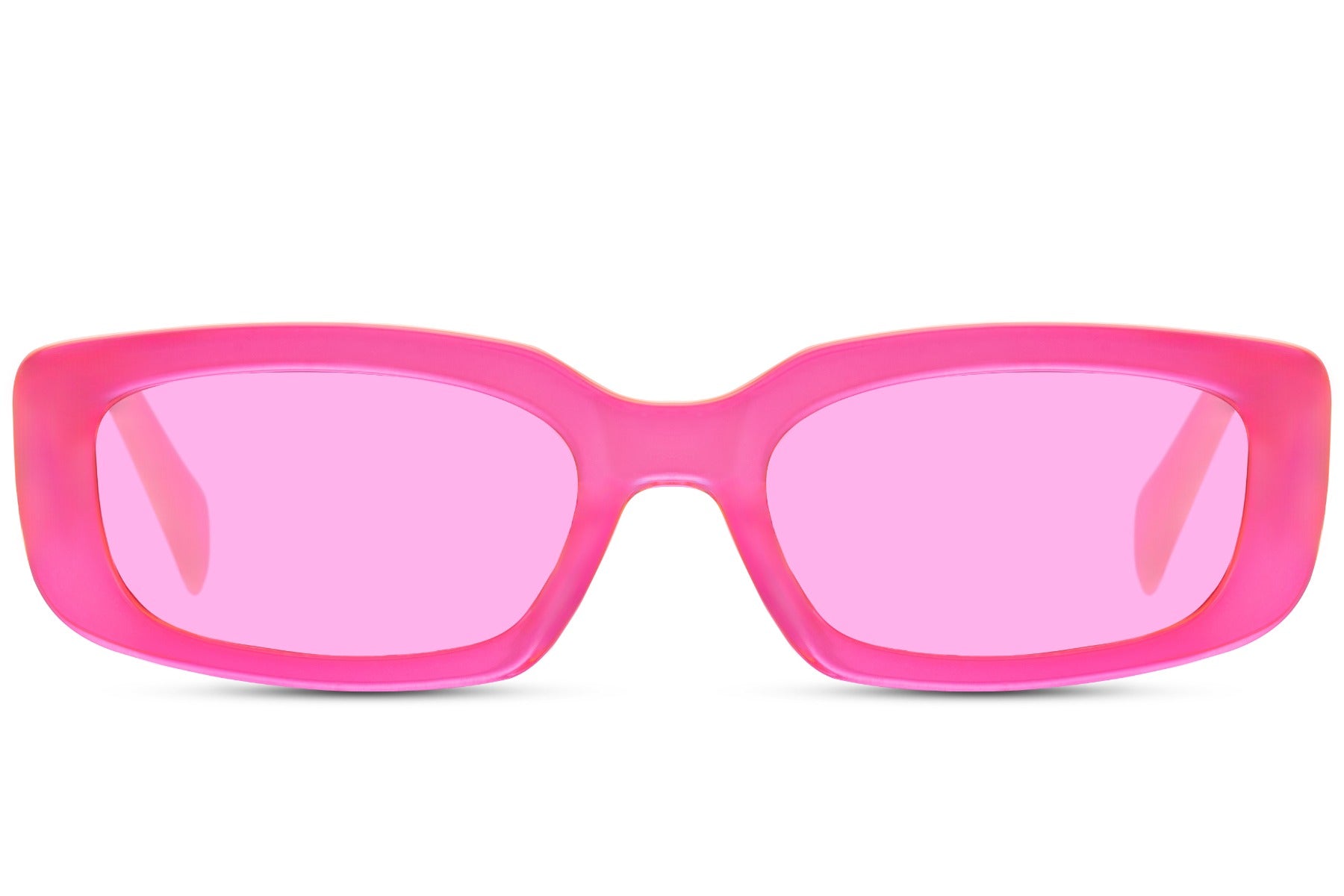 Gennemsigtige hurtigbriller i pink glas og pink stel set fra fronten