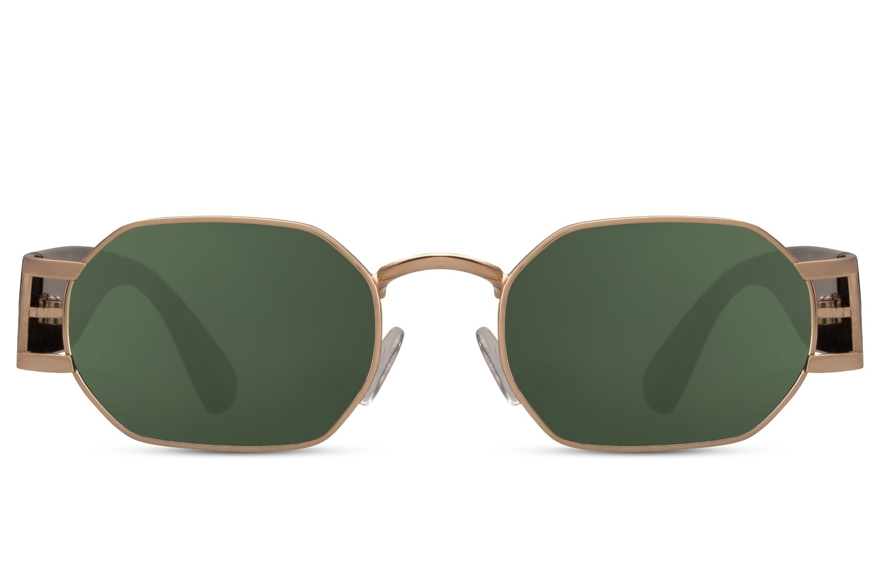 Grønne og guld hurtigbriller med tykke stænger set fra fronten