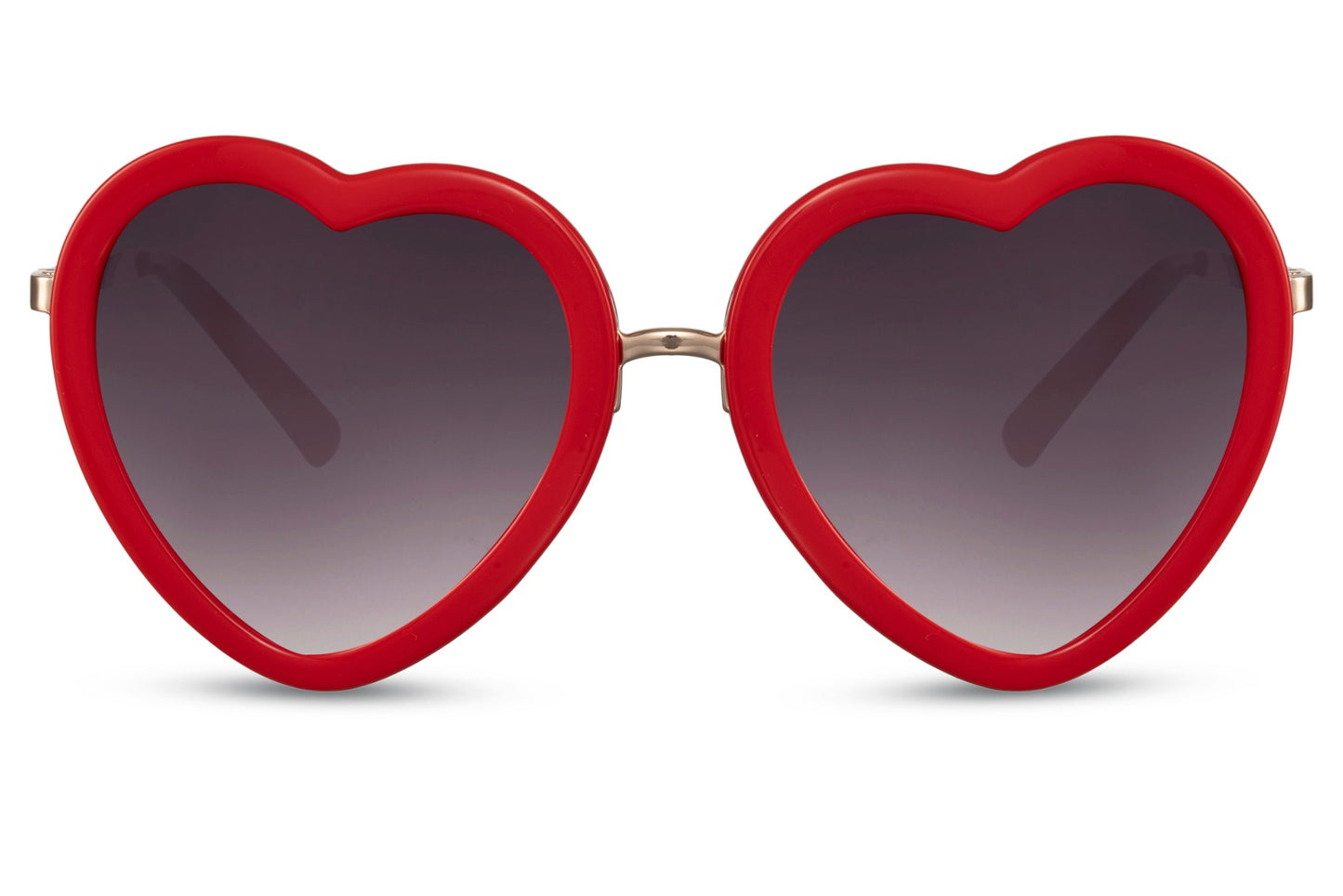 Hjerte solbriller med mørke glas og rødt stel set fra fronten