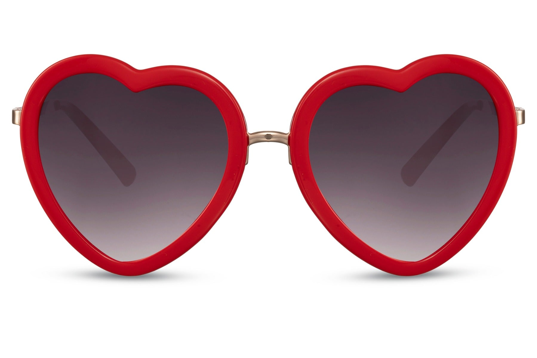 Hjerte solbriller med mørke glas og rødt stel set fra fronten