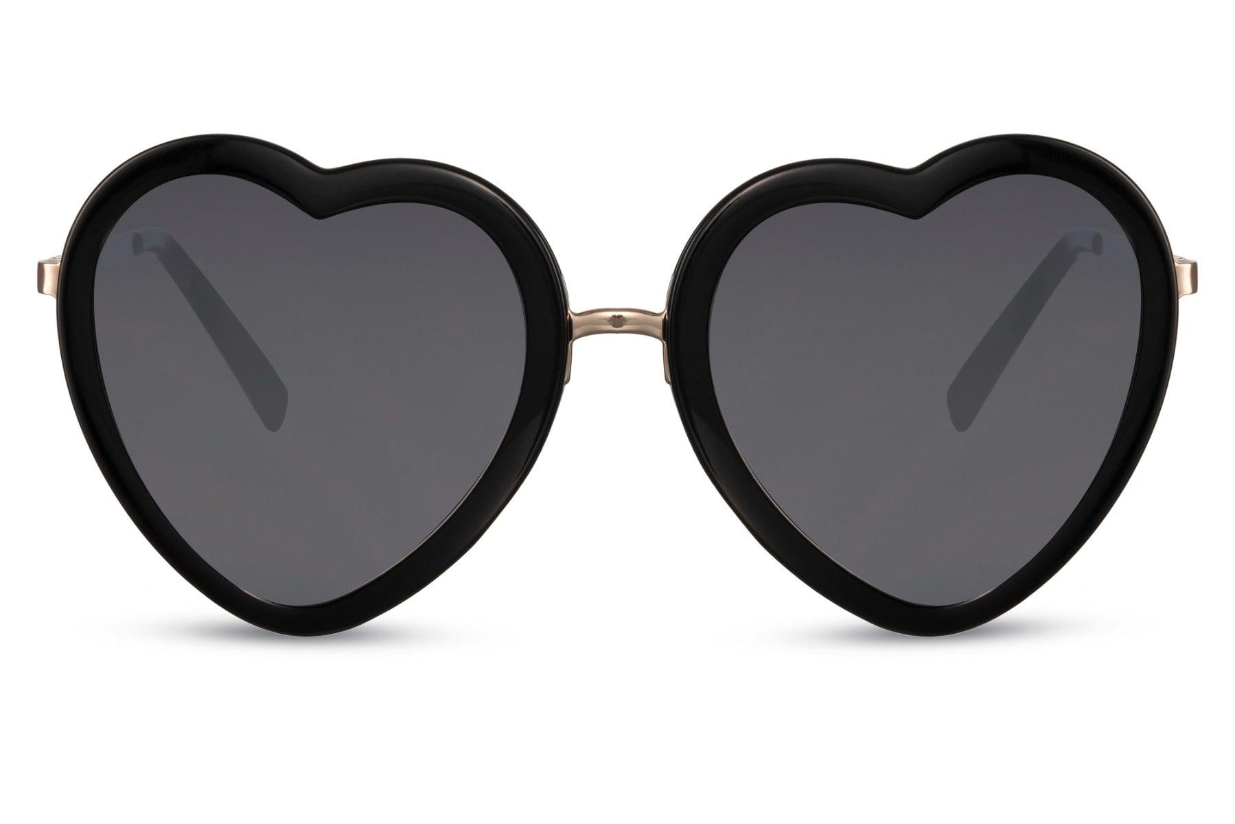 Hjerte solbriller med sorte glas og sort stel set fra fronten