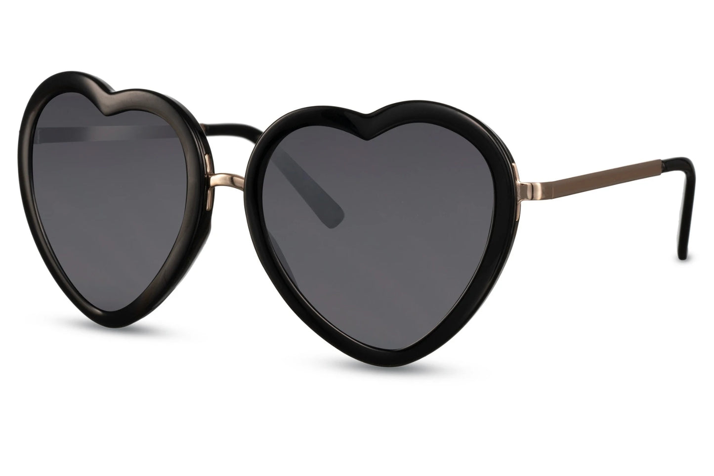 Hjerte solbriller med sorte glas og sort stel set fra siden