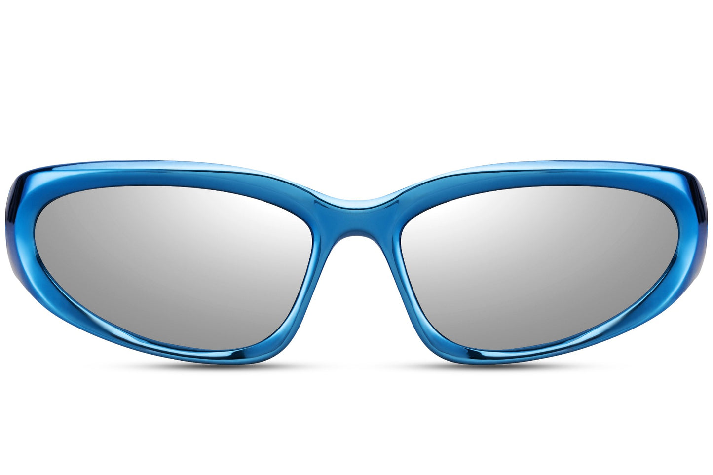 Hurtigbrille blåt stel og grå glas set i klassisk design fra fronten