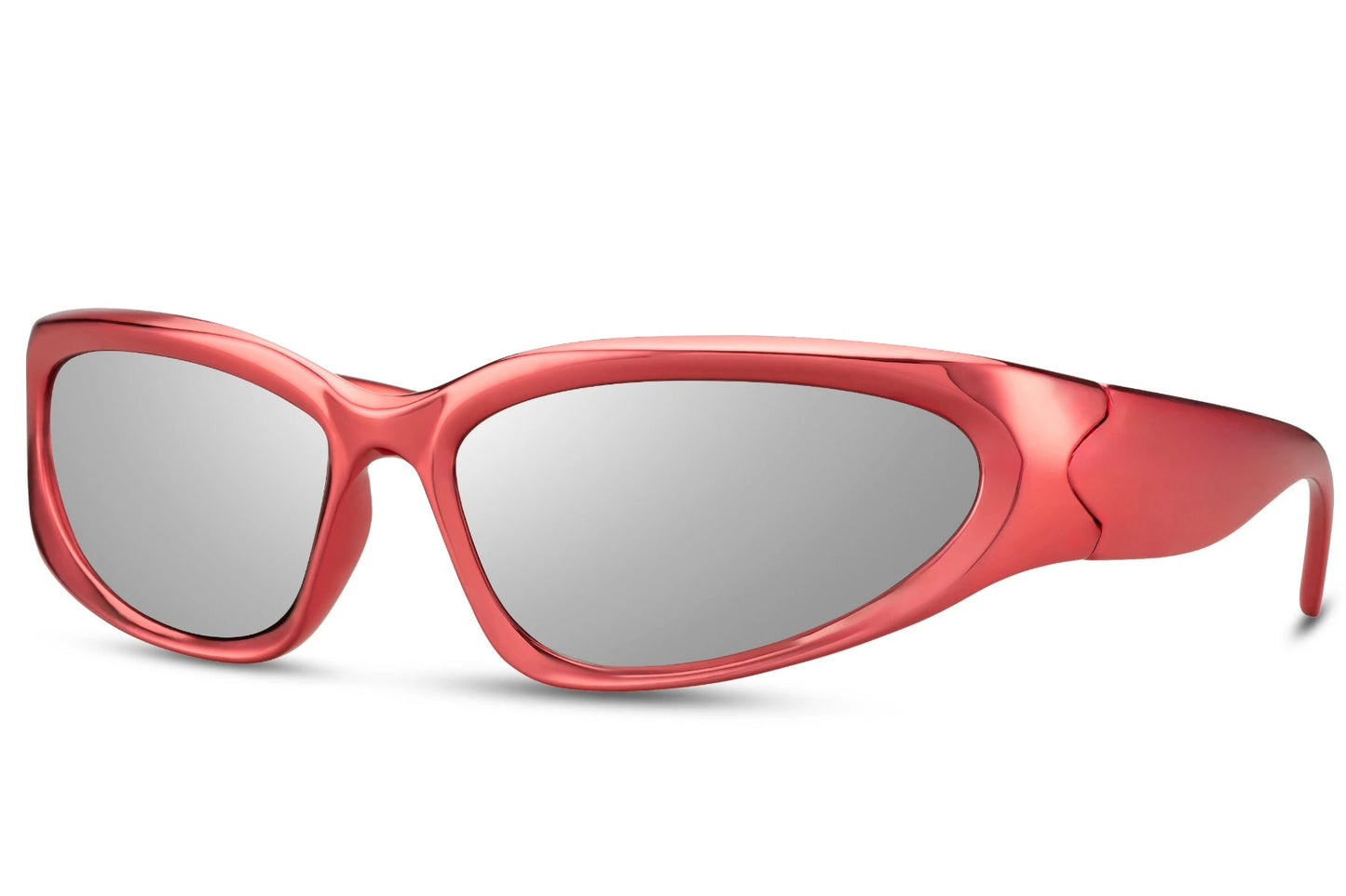 Hurtigbrille rødt stel og grå glas set i klassisk design fra siden