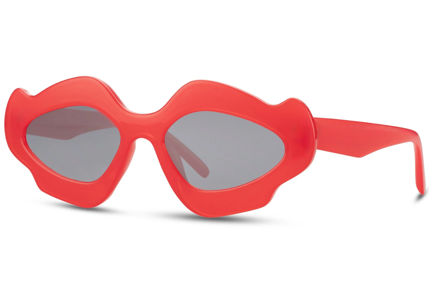 Hurtigbrille med speciel form og design i rød set fra siden