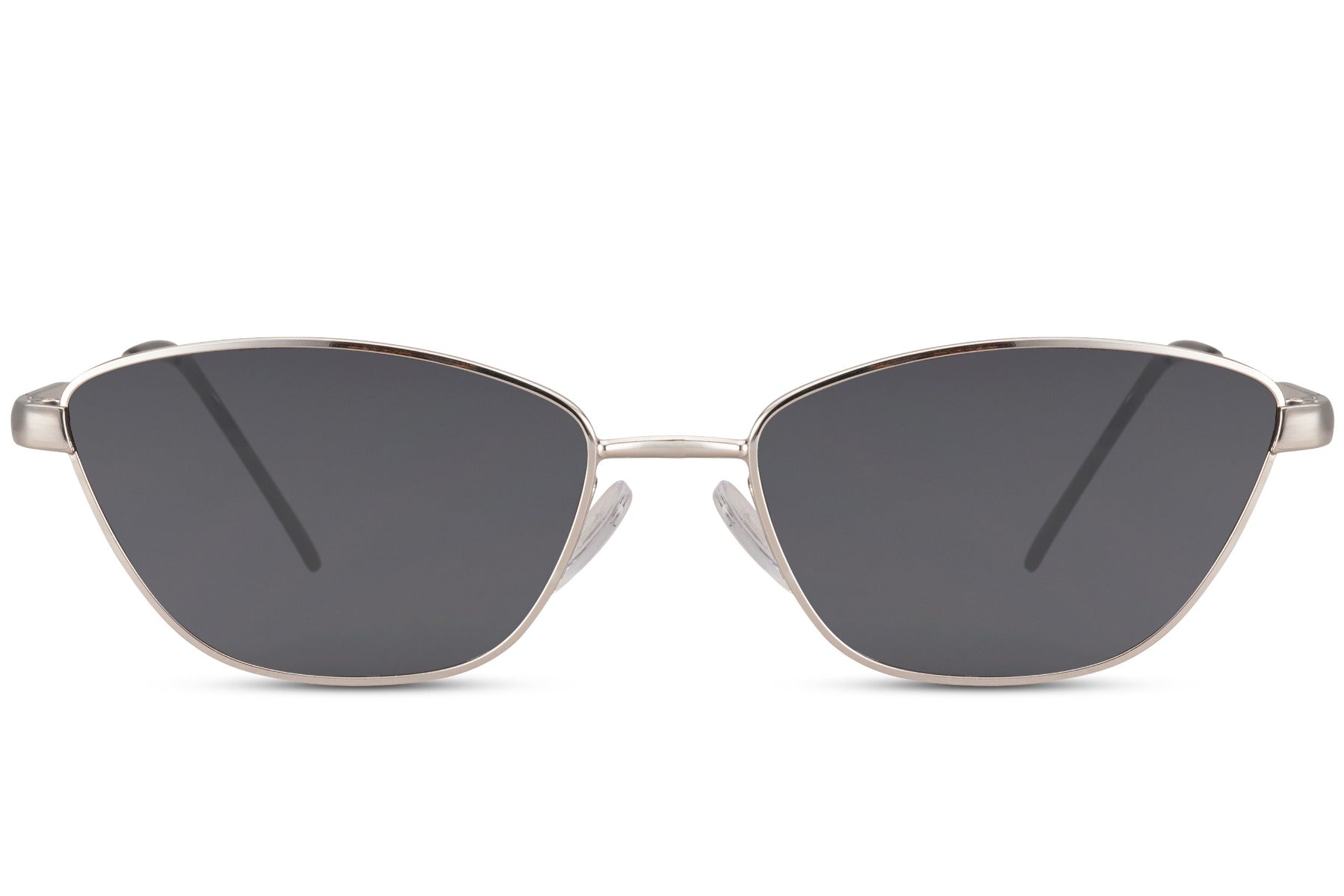 Hurtigbriller med grå glas og sølv stel set fra fronten