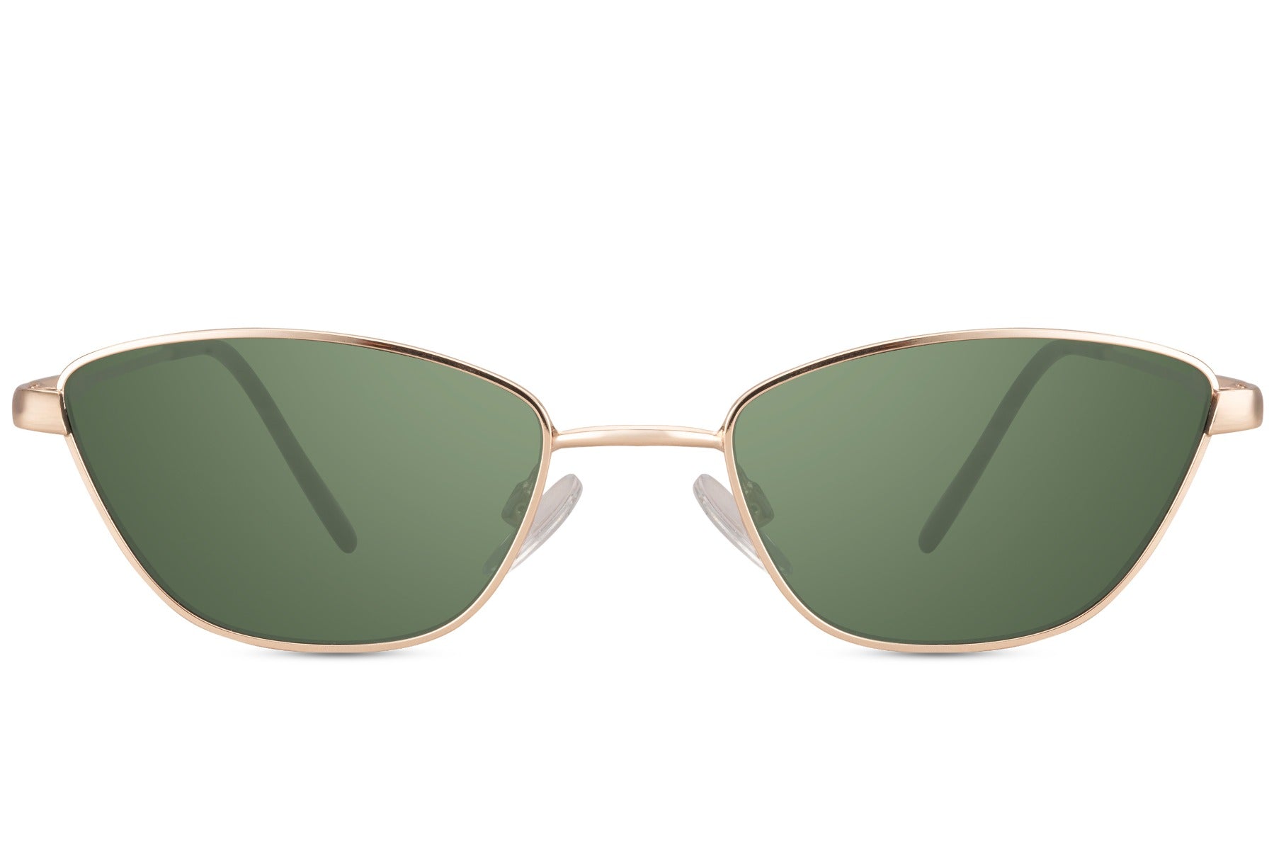 Hurtigbriller med grønt glas og guld stel set fra fronten