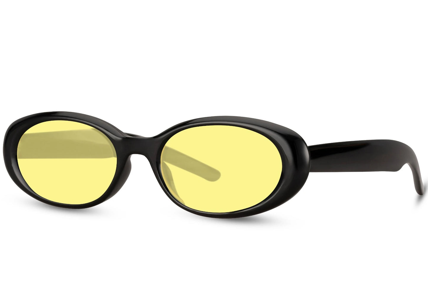 Hurtigbriller med gule glas i oval design set fra siden