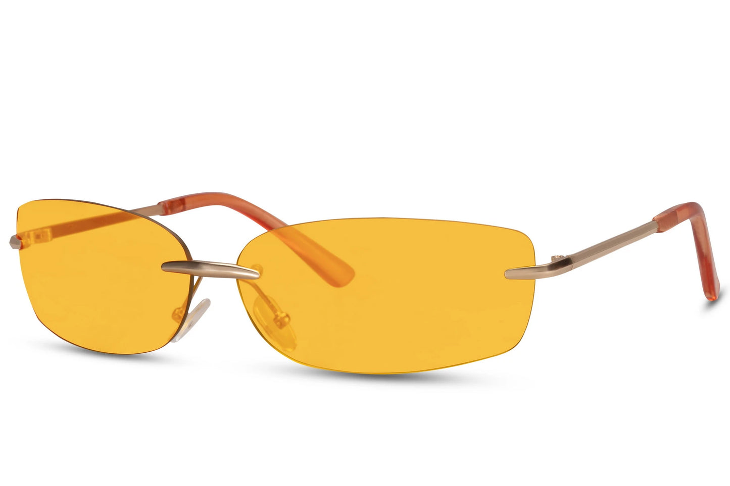 Simple hurtigbriller med orange glas uden ramme set fra siden