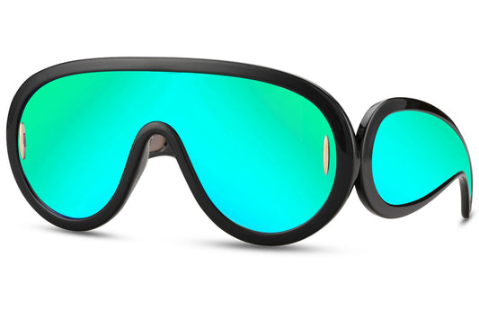 Hurtige cykelbriller i blågrønne glas med rundt design og bløde kanter set fra siden