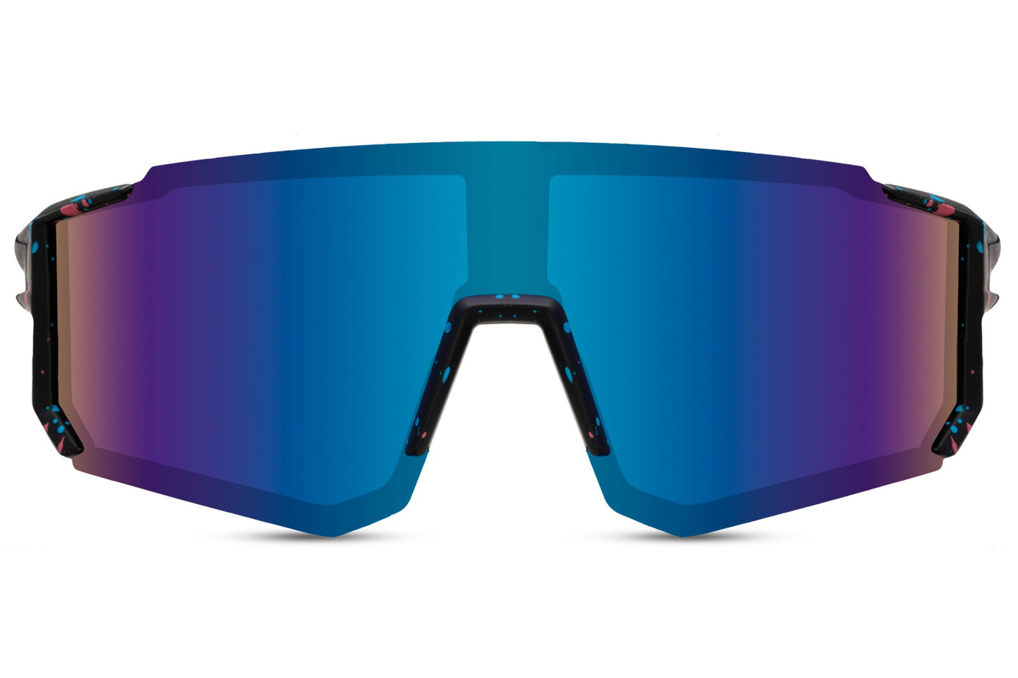 Hurtige cykelbriller til sport med maling pletter og glas i blå gradient glas set fra fronten