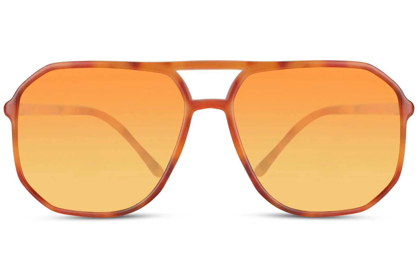 Kantede solbriller i orange farvet glas og stel set fra fronten