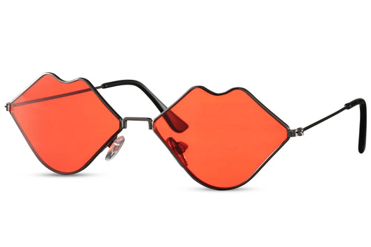 Læbeformede røde solbriller til festivaller eller polterabend set fra siden