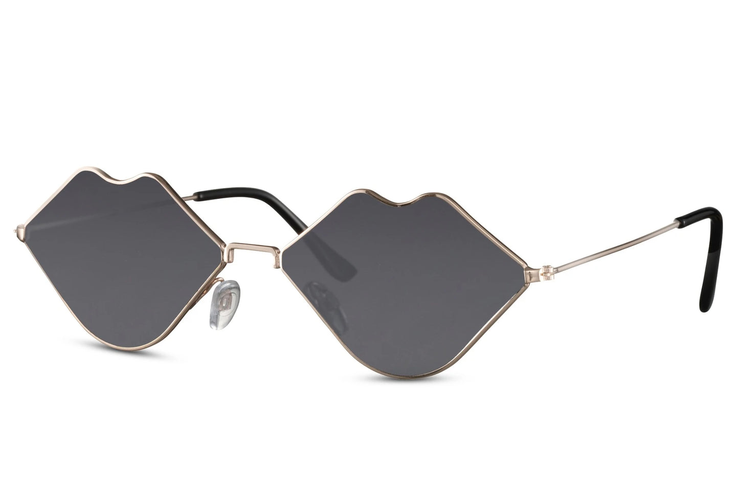 Læbeformede sorte solbriller til festivaller eller polterabend set fra siden