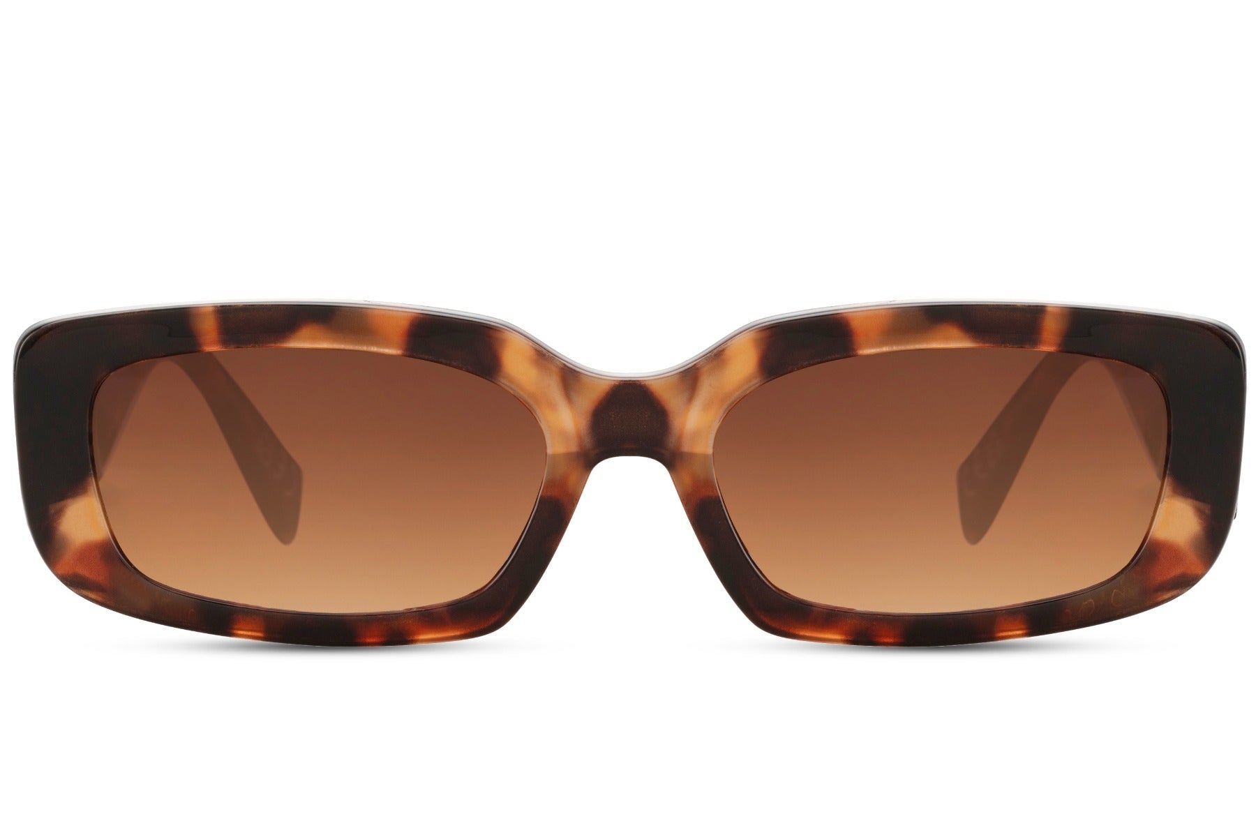 Hurtigbriller med brune glas og rektangulært leopard stel set fra fronten