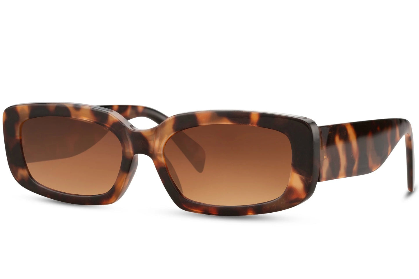 Hurtigbriller med brune glas og rektangulært leopard stel set fra siden