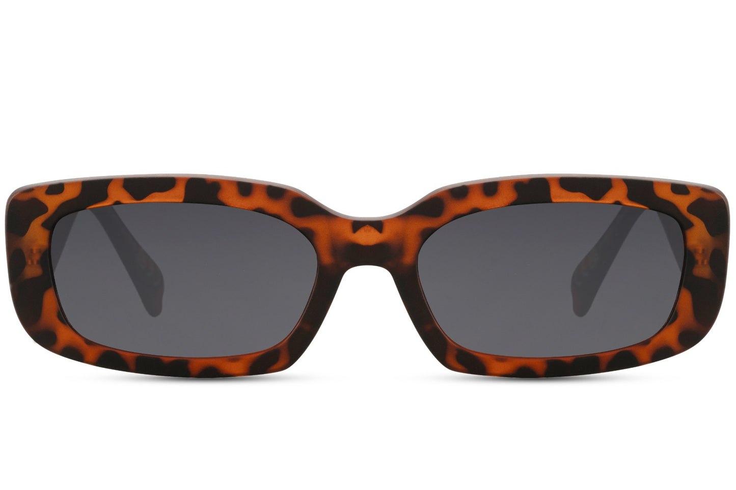 Hurtigbriller med sorte glas og rektangulært leopard stel set fra fronten