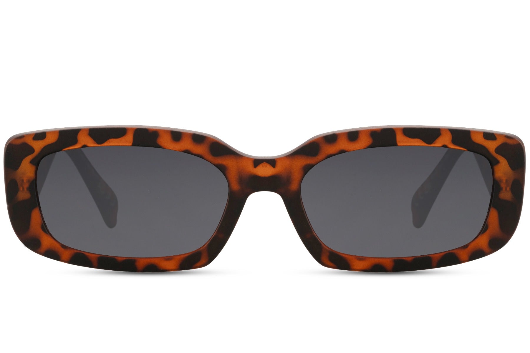 Hurtigbriller med sorte glas og rektangulært leopard stel set fra fronten