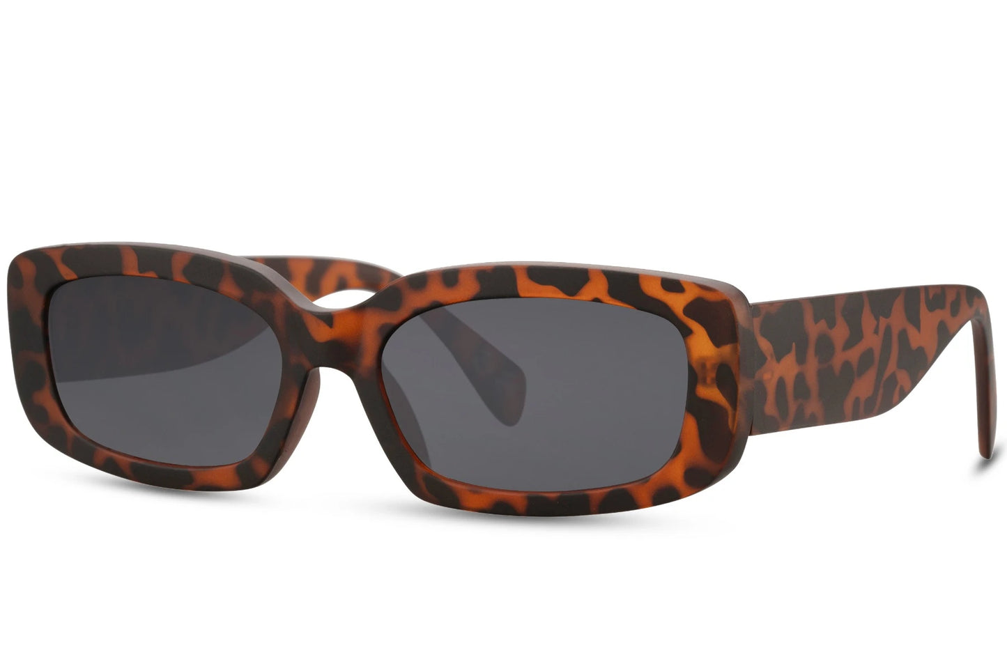 Hurtigbriller med sorte glas og rektangulært leopard stel set fra siden