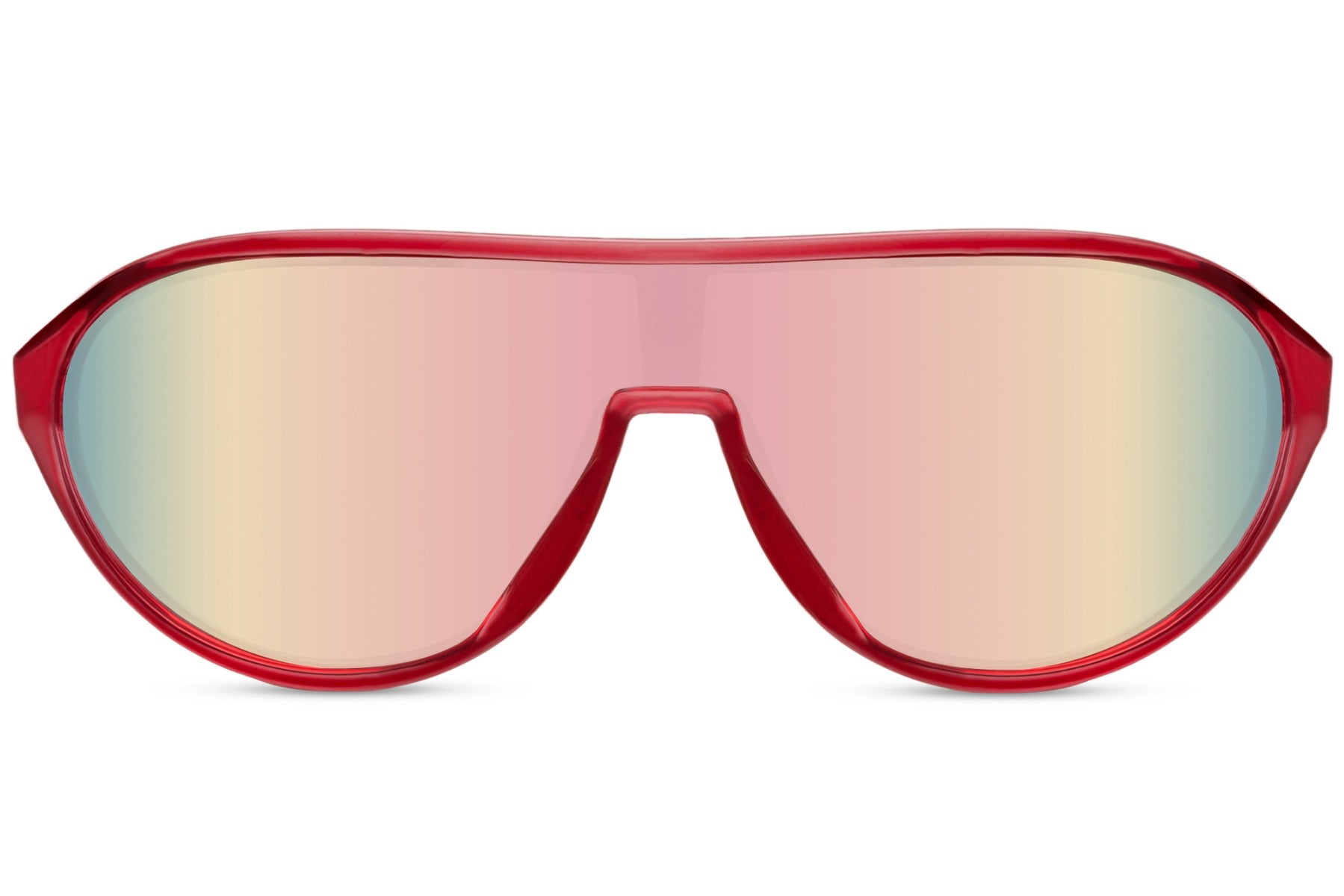 Løbebriller med ovale lyse glas og rødt stel set fra fronten