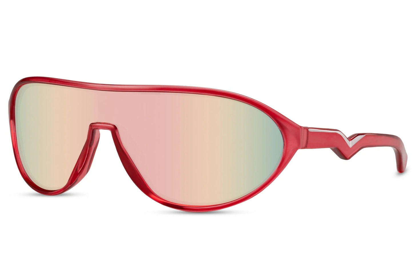 Løbebriller med ovale lyse glas og rødt stel set fra siden