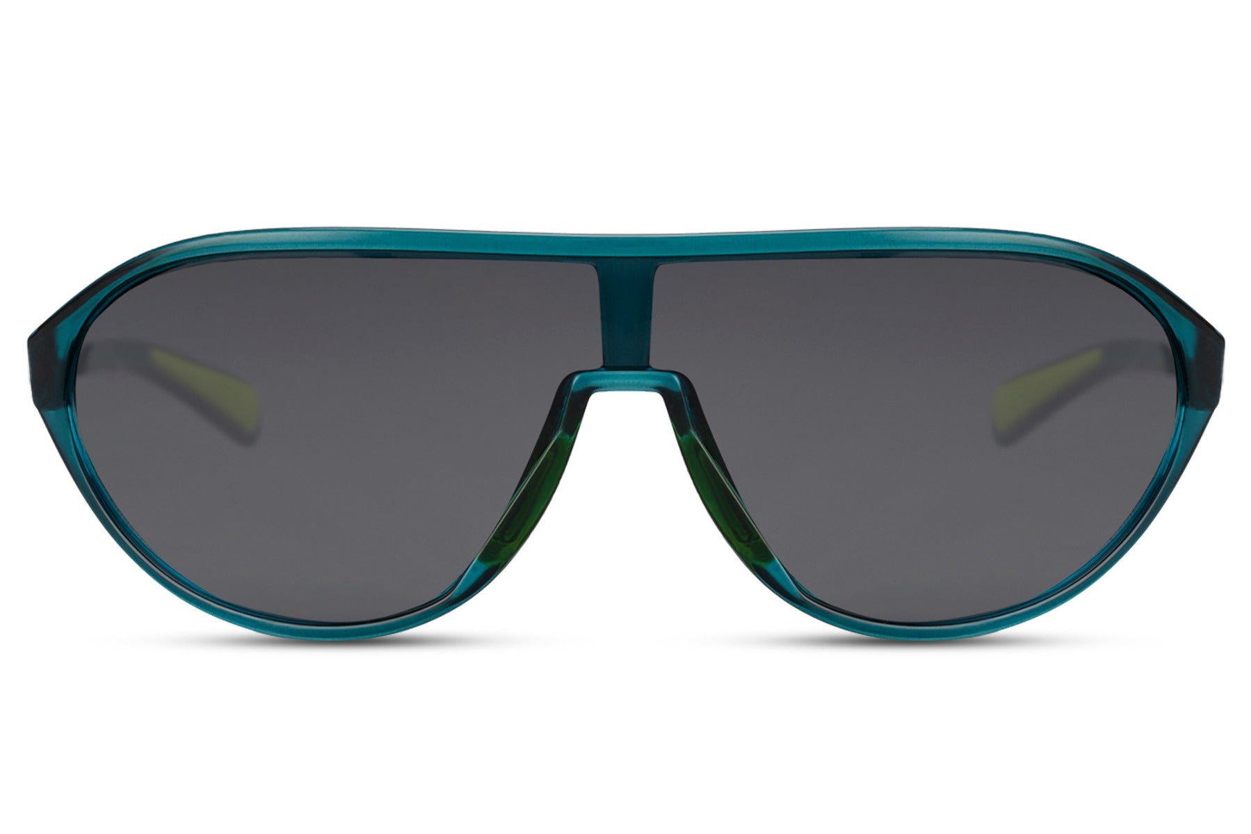 Løbebriller med ovale glas og mørkegrønt stel set fra fronten