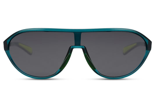 Løbebriller med ovale glas og mørkegrønt stel set fra fronten