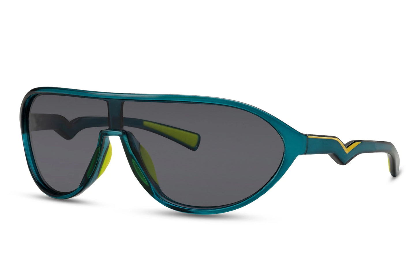 Løbebriller med ovale glas og mørkegrønt stel set fra siden