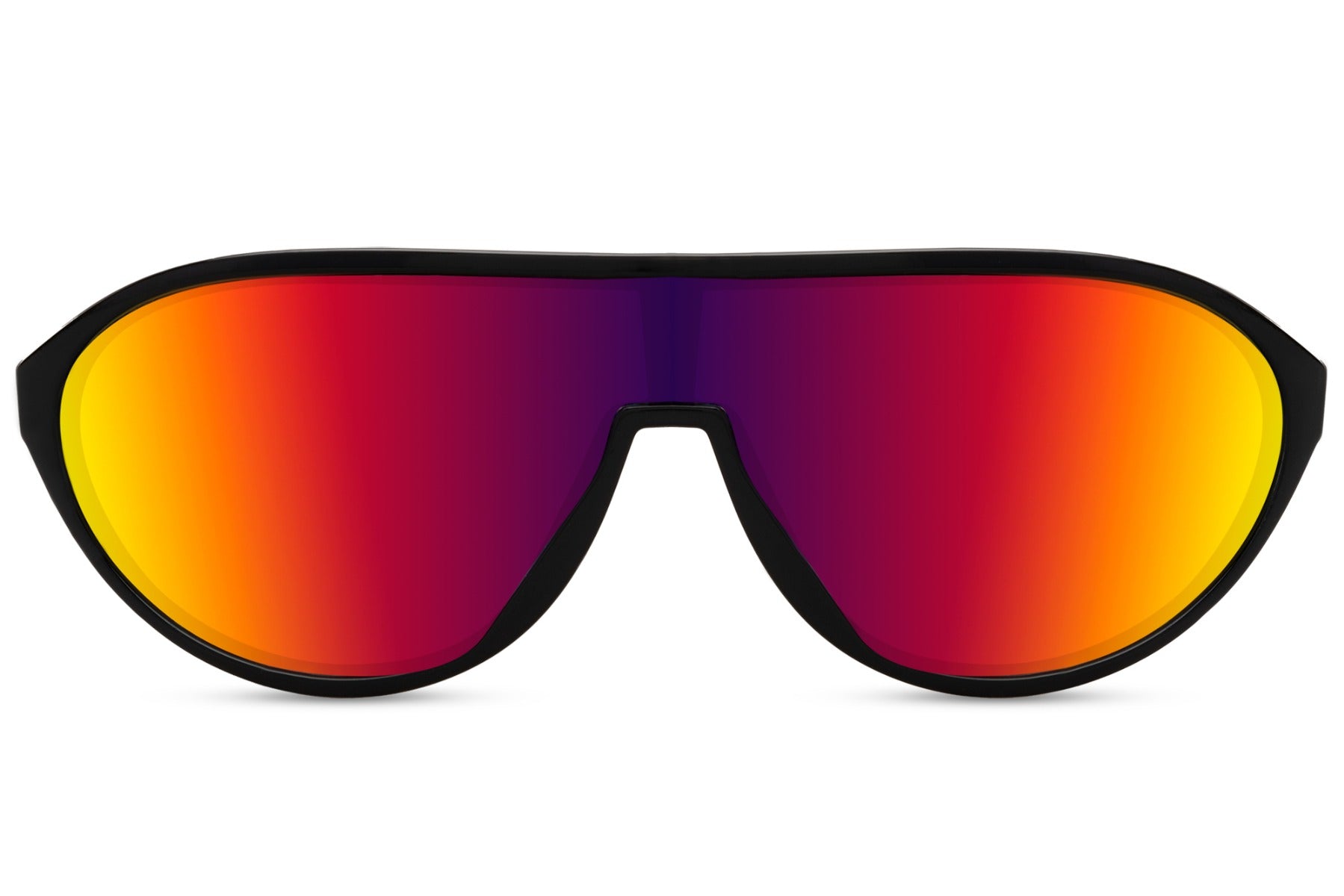 Løbebriller med ovale røde glas og sort stel set fra fronten