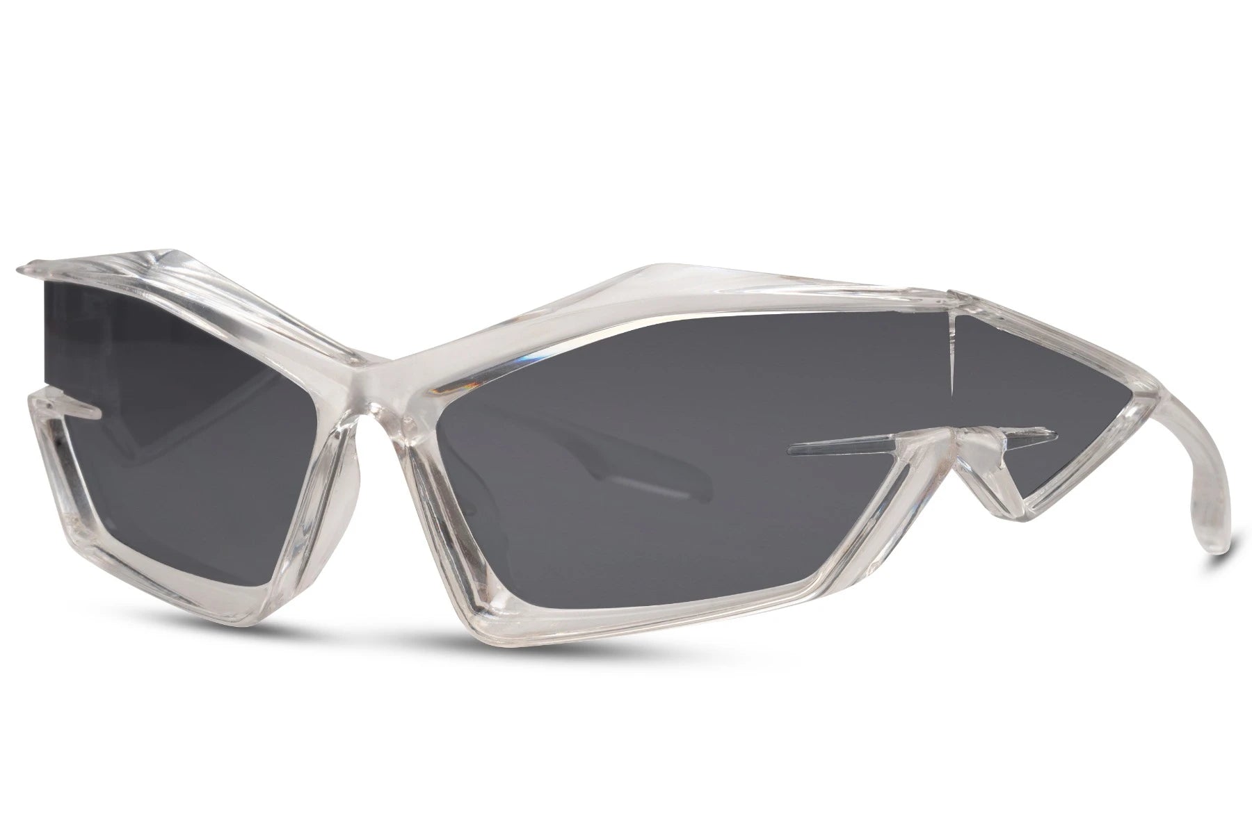 Lynhurtige hurtigbriller med sølv stel og grå glas set fra siden