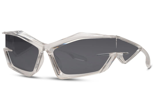 Lynhurtige hurtigbriller med sølv stel og grå glas set fra siden