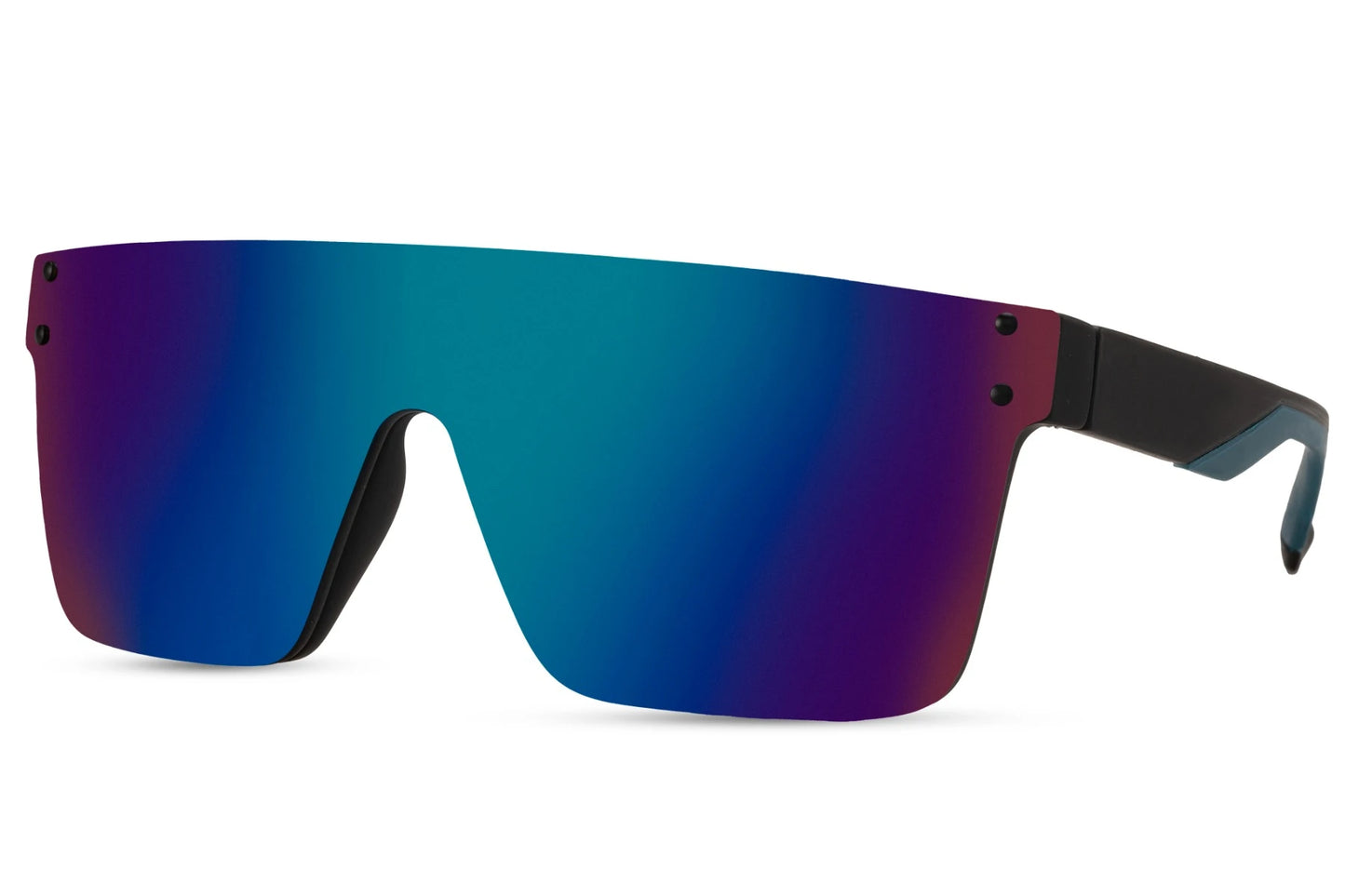 Sportsbriller med mørkeblå glas set fra siden