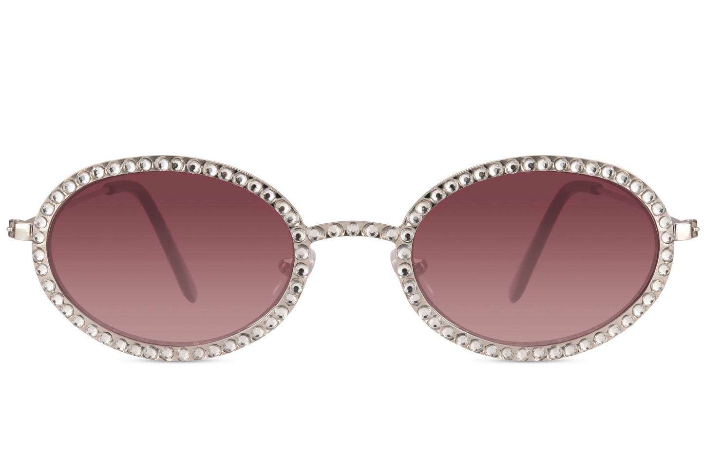 Ovale hurtigbriller med diamantpynt i kanterne, tynde stænger og røde glas set fra fronten