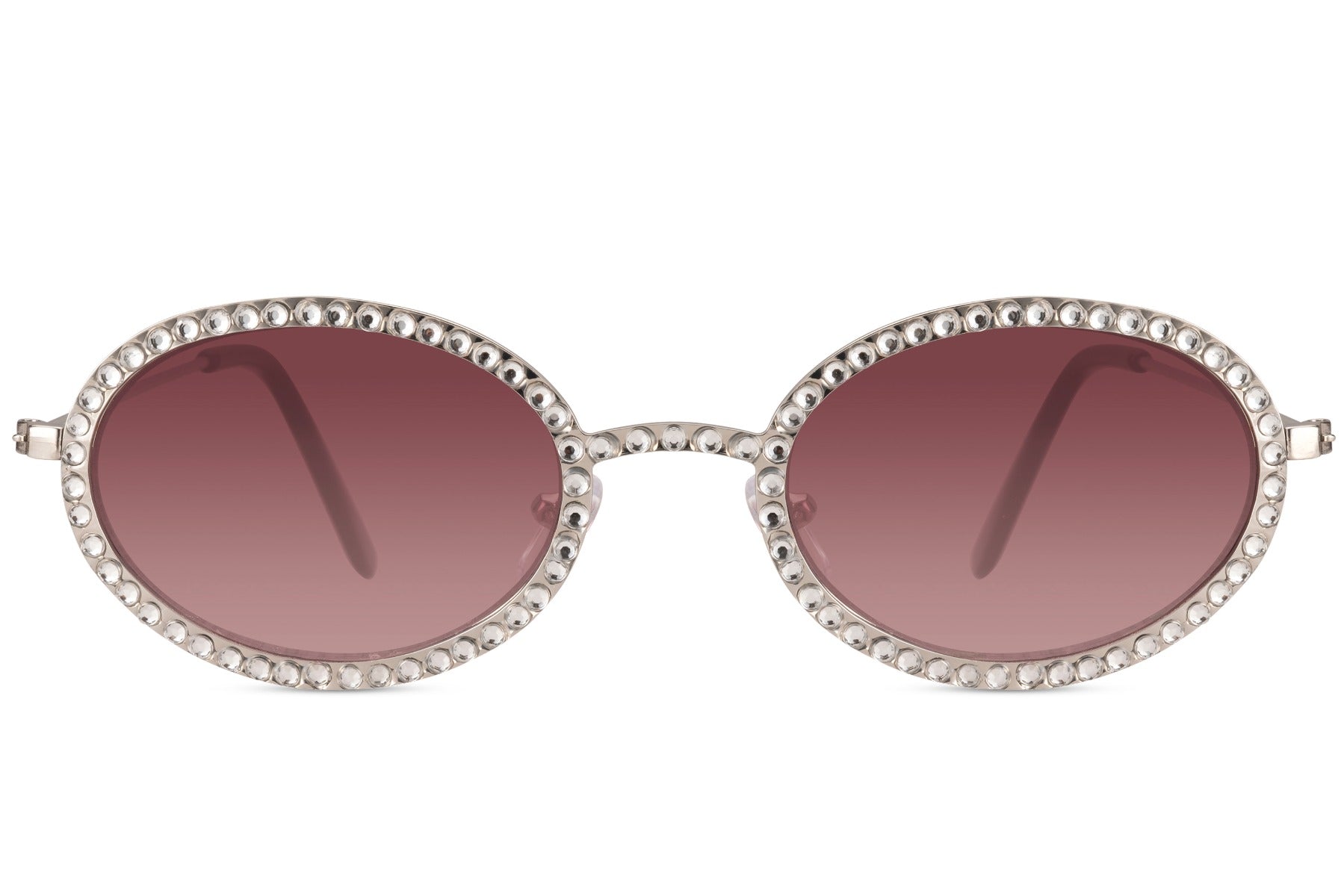 Ovale hurtigbriller med diamantpynt i kanterne, tynde stænger og røde glas set fra fronten