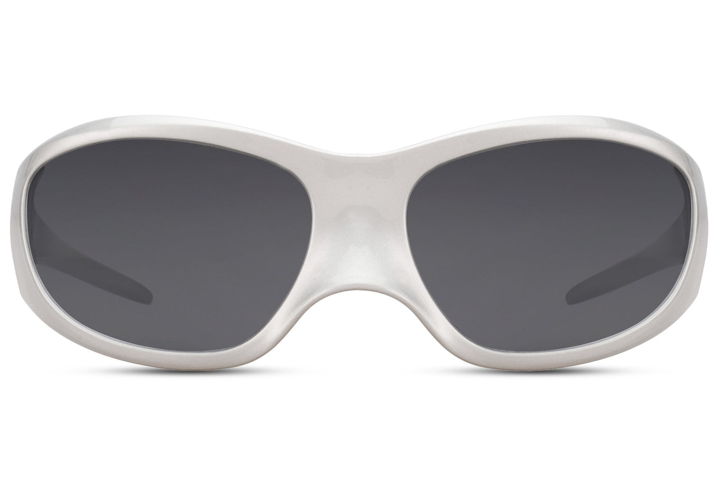 Oversized hurtigbriller, der dækker næsten hele ansigtet - sølv stel og grå glas set fra fronten